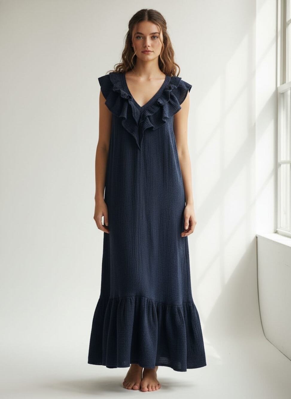 Sundays Kinsey Ruffle Cotton Gauze Sleeveless Lightweight Summer Midi Dress, XS